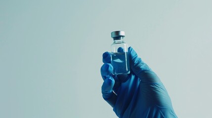 A gloved hand holds a glass vial containing a blue liquid against a soft blue background, suggesting a sterile and scientific environment.