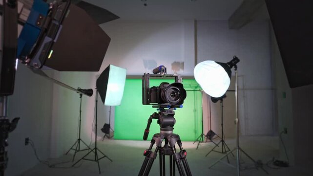 Multimedia studio with camera, lights and microphone for vlogs.