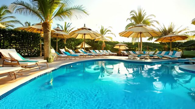 Outdoor swimming pool with sun loungers and umbrellas in exotic location. Tropical hotel resort. Nobody, early morning. Beautiful drone aerial view. Sunbed near blue water. Luxury rest vacation abroad