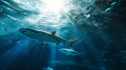 Sunlight pierces the clear ocean water as sleek sharks glide majestically, surrounded by a serene underwater world.