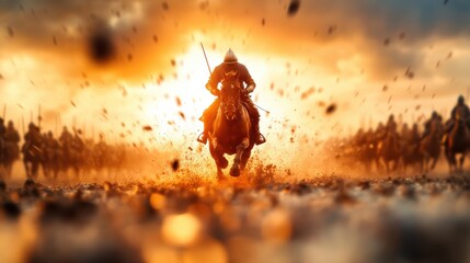 A knight charged with a spear in hand, riding directly into the battlefield with soldiers behind, under a fiery sunset sky, epitomizing bravery and determination.