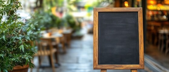 Blank Wooden Framed Chalkboard on Easel in Restaurant Setting
