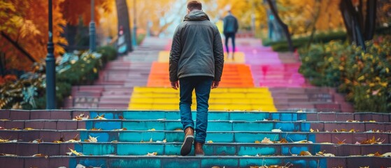 A man in a jacket and jeans walks up a rainbow staircase in an autumn park. The vibrant stairs match the colorful surroundings as he ascends higher.