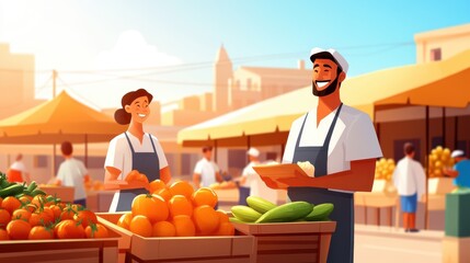 Cheerful vendors and buyers engage in animated conversations at an outdoor market on a sunny day, emphasizing the vibrancy and social connections fostered in such settings.