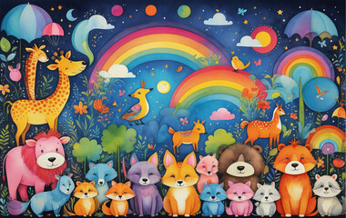Naklejka premium Illustrative childlike depiction of various cute and friendly animals from nature in bright colors