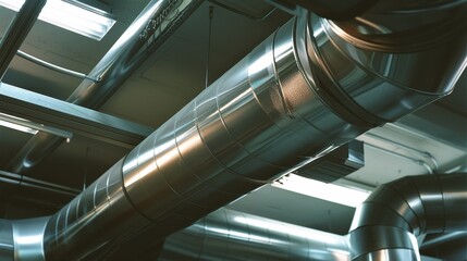 Obraz premium Industrial metal air ducts and pipes intertwine in a complex ceiling setup, showcasing modern ventilation engineering.