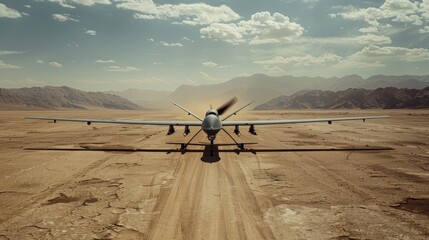 A military drone with four propellers flies low over a desert road, with landing gear extended. Aerial view shows mountains and dry landscape, evoking aridity.