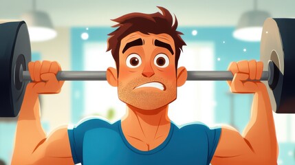 A muscular character in a blue shirt lifting a barbell with large weights in a brightly lit room, highlighting the effort and dedication to fitness and strength training.