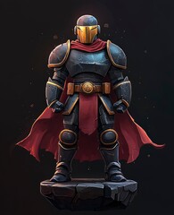 Fototapeta premium Powerful Medieval Knight in Full Armor with Red Cape and Golden Accents