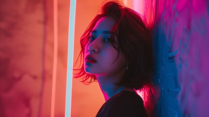 A dramatic portrait of a person bathed in neon lights with hues of pink and blue, exuding a moody and introspective atmosphere.