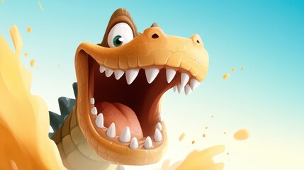 Naklejka premium A cheerful and animated cartoon crocodile appears with a big grin, creating a playful and fun tone as it splashes around in water against a bright and colorful backdrop.