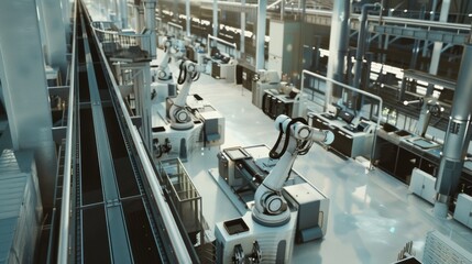 A futuristic factory filled with robotic arms meticulously working on an assembly line, showcasing the pinnacle of automation and industrial advancement.