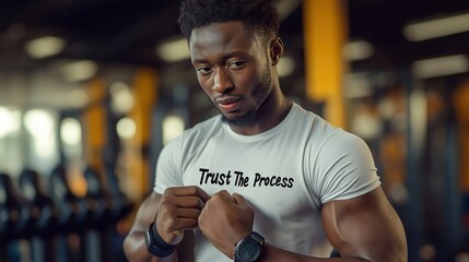 fitness man wearing shirt trust the process in gym, body building development, gym advertising