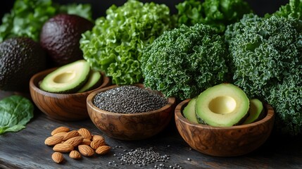 Nutrient-Rich Foods for Adrenal Support Featuring Avocados, Nuts, Seeds, and Leafy Greens on Rustic Wooden Table with Warm Natural Lighting and Earthy Tones