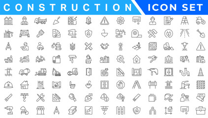 Construction line icons set. Home repair tools outline icons collection. Construction tools, builders and equipment symbols. Builder, crane, engineering, equipment, helmet, tool, house