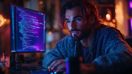 Tech Developer or Gamer Immersed in Complex Coding or Gaming Project, Displaying Code on Screen, Coffee and Nootropic Supplement on Desk, Focused and Determined in Modern Tech Environment