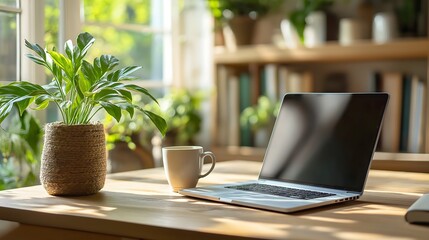 Bright Home Office with Laptop, Coffee, and Vibrant Green Plant on Wooden Desk Surrounded by Natural Light for a Refreshing and Productive Workspace