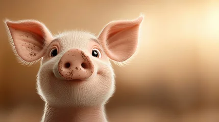 Fotobehang Boerderij An animated piglet with mud on its face is seen delightfully playing in a muddy puddle, expressing joy and freedom under warm sunlight. The scene is lively and spirited.  © Design Depot