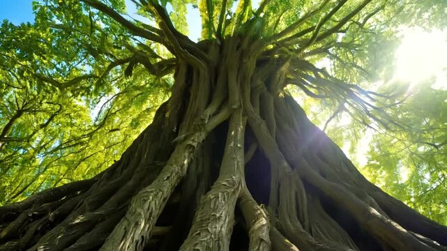 Tilt-up video, revealing strong tree trunk and green leaves against the blue sky.