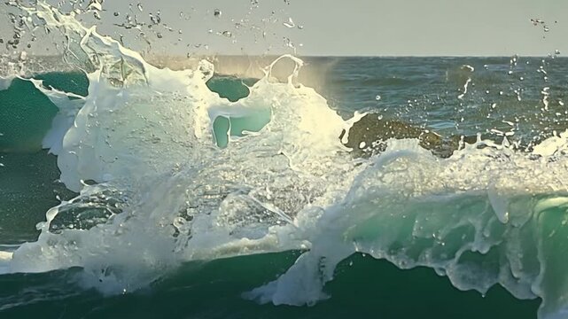 A dramatic, slow motion shot of a large ocean wave crashing into white sea foam, symbolizing the raw power and beauty of nature