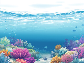 Pristine coral reef viewed from underwater, with clear water and colorful corals, vector illustration art