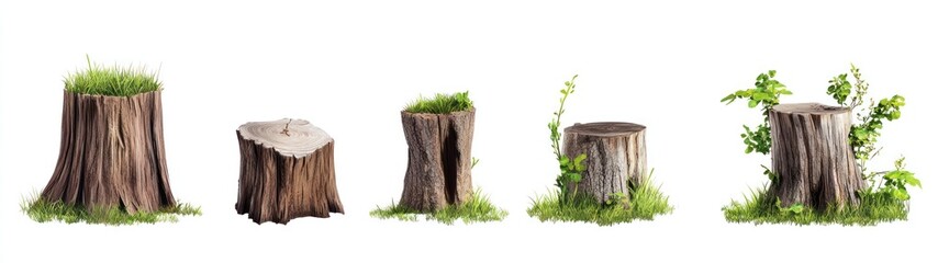 Five Tree Stumps with Grass and Foliage Isolated on White