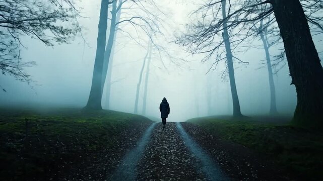 A lone figure walks away from the camera down a foggy forest path, symbolizing solitude and contemplation