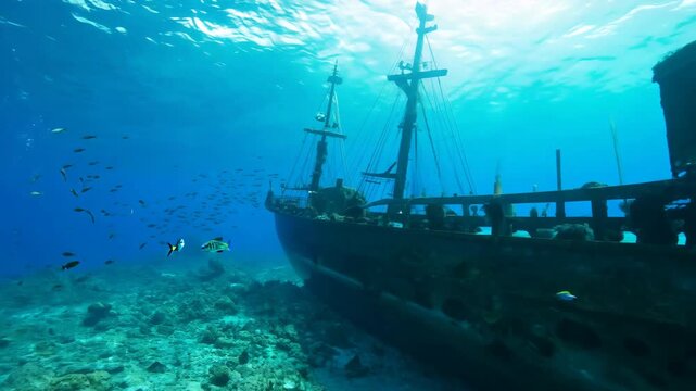Sunken rusty ship underwater after shipwreck. Blue clear water, fish swimming around. Wreckage of boat. Explore ocean bottom under water. Maritime archaeology. Yacht vessel wreck. Warship.