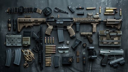 A meticulously arranged collection of tactical gear and firearms displayed on a dark surface, showcasing preparedness and precision.