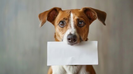 Adorable dog holding a white envelope in its mouth, gazing at the camera with pleading eyes.