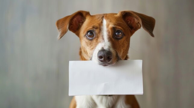 Adorable dog holding a white envelope in its mouth, gazing at the camera with pleading eyes.