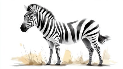 Fototapeta premium A detailed illustration of a zebra standing on a grassy patch, showcasing its iconic black and white stripes with an artistic style, against a neutral background.