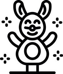 Black and white drawing of a happy cartoon bunny character waving with a big smile