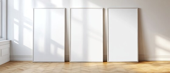 Fototapeta premium Three Blank Frames on a White Wall with Wooden Flooring