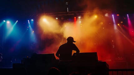 A DJ, shadowed in front of bright, colorful lights, commands the stage at an electrifying concert.