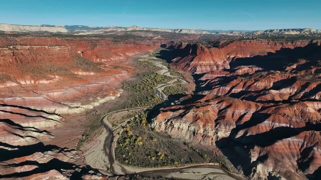 Panorama Of Colorful Cliffs In Remote Natural Landscape Of Utah, United States. Aerial Shot