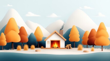 A charming cabin with a glowing fire sits amidst a serene snowy landscape, with autumnal orange trees and white mountains in the background, exuding warmth and tranquility.