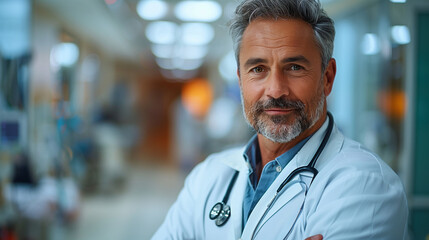 Smiling Male Doctor in Hospital Corridor