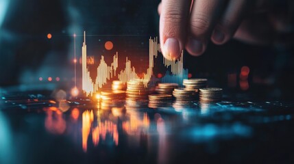 Hand Businessman finger counting coins and showing hologram graphic chart data