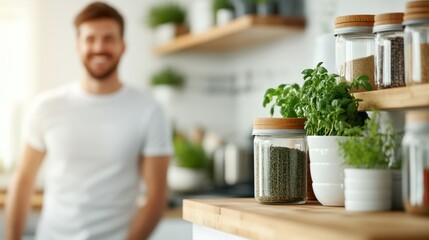 A smiling gentleman stands in a bright kitchen, with various herbs and spices neatly displayed in glass jars, accompanied by fresh green plants adding a touch of nature.