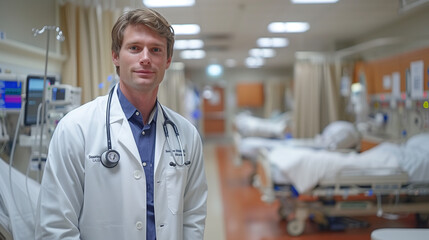 Smiling Male Doctor in Hospital Corridor