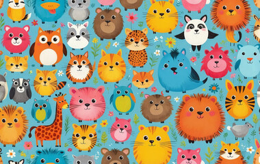 Illustrative childlike depiction of various cute and friendly animals from nature in bright colors