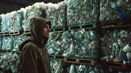 Obraz premium A person in a hoodie stands amid towering stacks of compressed plastic bottles in a warehouse, possibly reflecting on environmental issues.