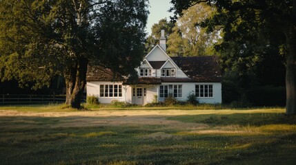A picturesque white cottage amidst lush greenery, bathed in golden hour light, exuding tranquility and charm.