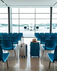 Two suitcases in an empty airport hall, traveler cases in the departure airport terminal waiting for the area, vacation concept.