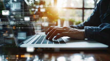 Man using laptop in modern workspace with digital overlay