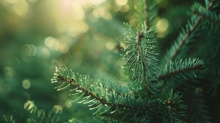 A close-up of pine branches with delicate green needles, basking in soft, golden sunlight, creating a serene, natural scene.