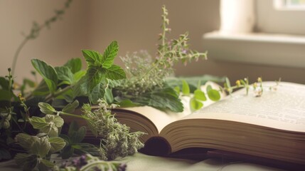 An elegant open book with fresh herbs and flowers strewn across the pages, symbolizing a union of nature and literature.