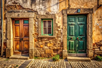 Rustic Portuguese doors, worn solid stone walls, and sun-kissed pavement, evoking a sense of history, texture, and weathered charm, with high contrast, gritty tone