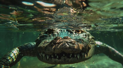 Naklejka premium A menacing crocodile emerges from underwater, showcasing its powerful jaws and teeth through the water's surface in an ominous scene.